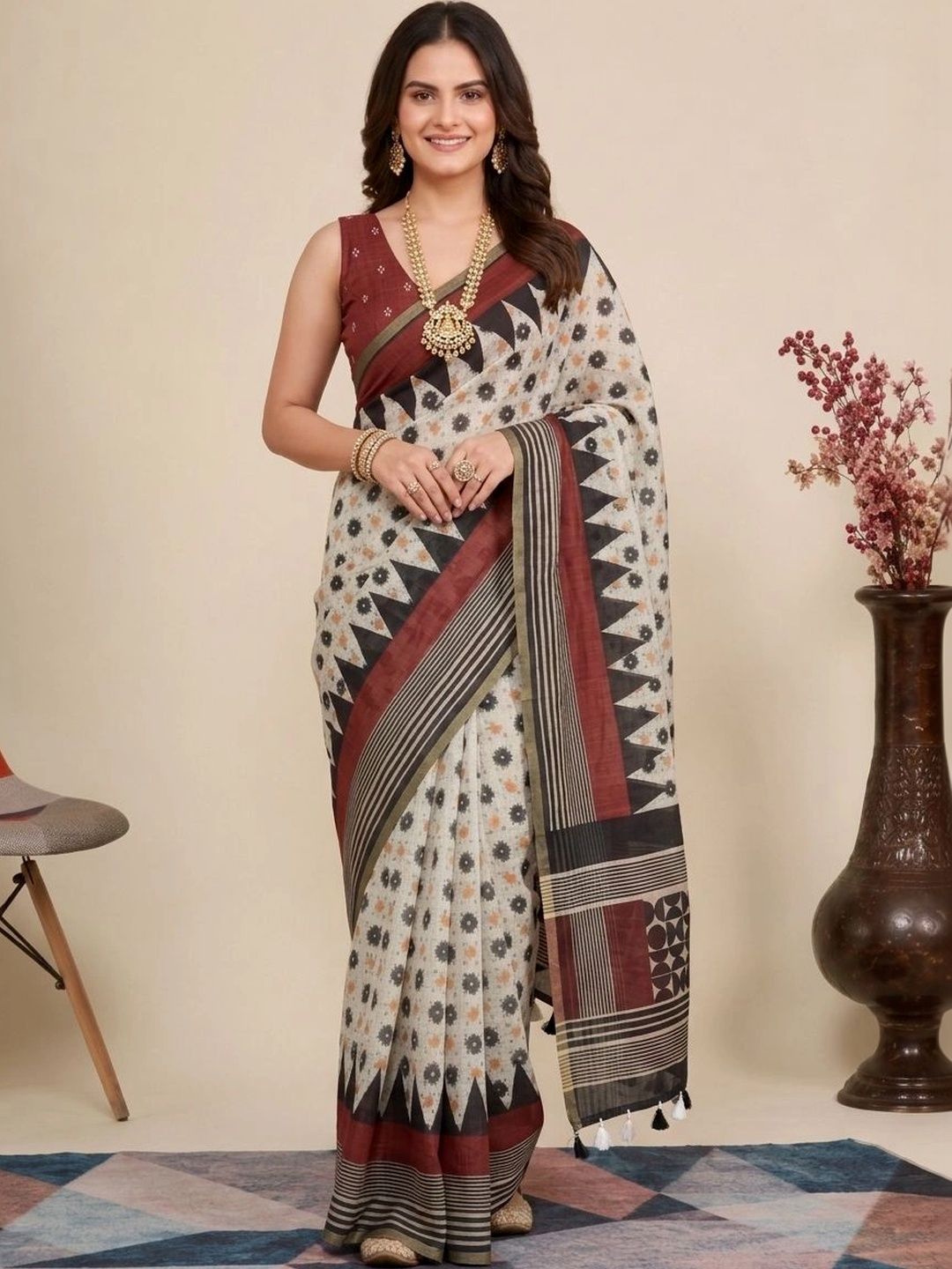 Anouk Ethnic Motifs Pure Linen Ikat Saree-picture-19