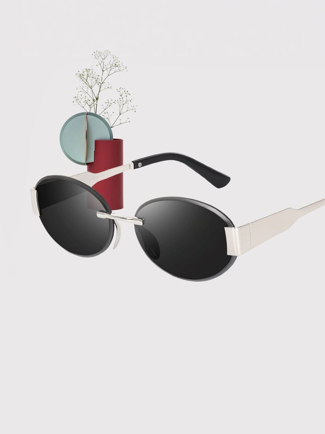 KOPEK Unisex Black Lens & Silver-Toned Oval Sunglasses with-image-12
