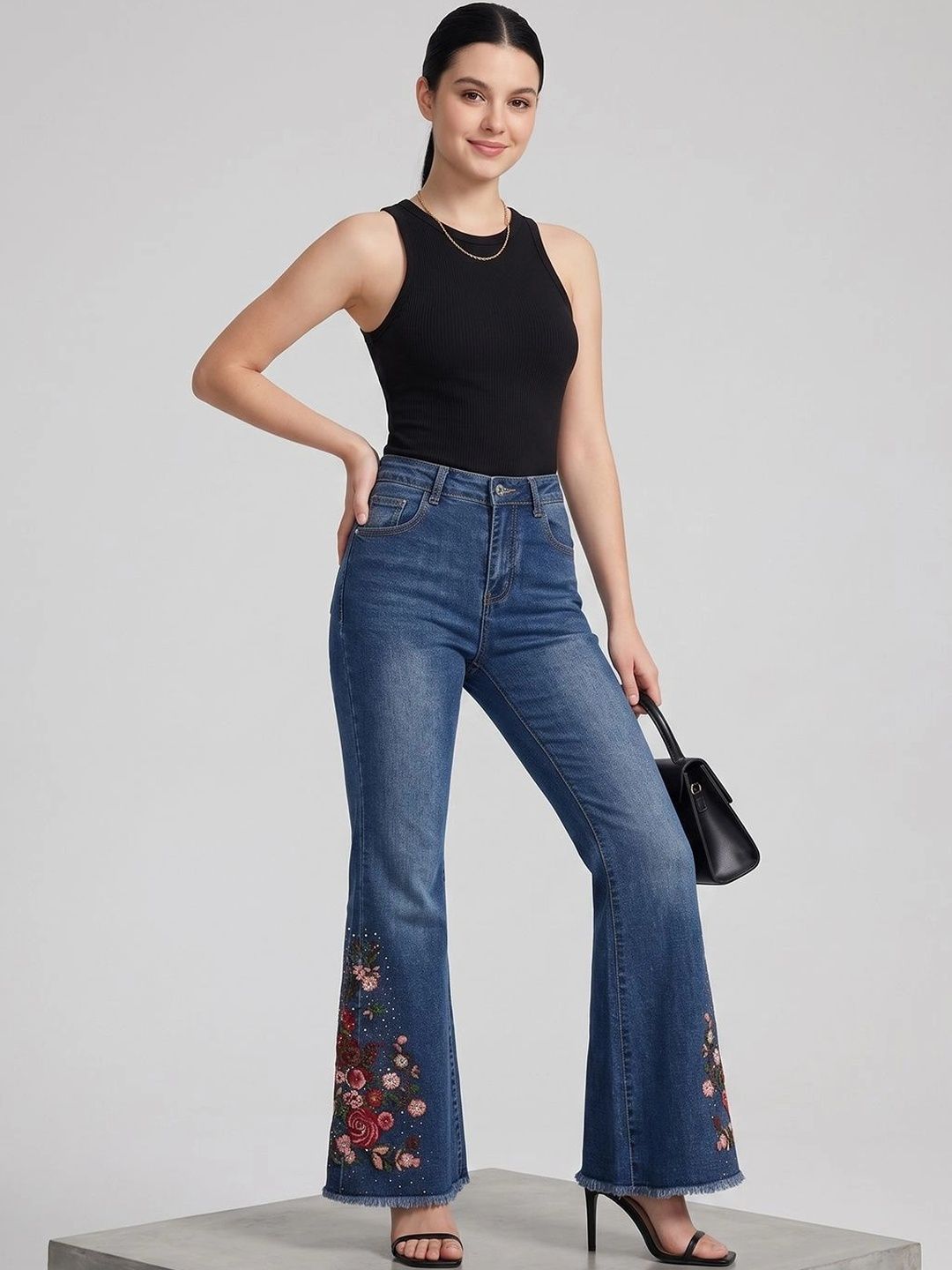 DressBerry Women Comfort Flared High-Rise Low Distress Embroidered Stretchable Jeans-image-47