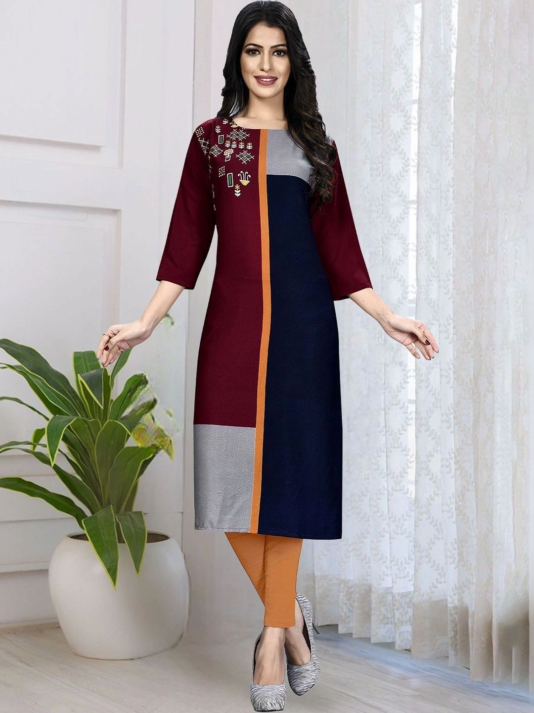 HERE&NOW Women Colourblocked Thread Work Crepe Kurta-picture-24