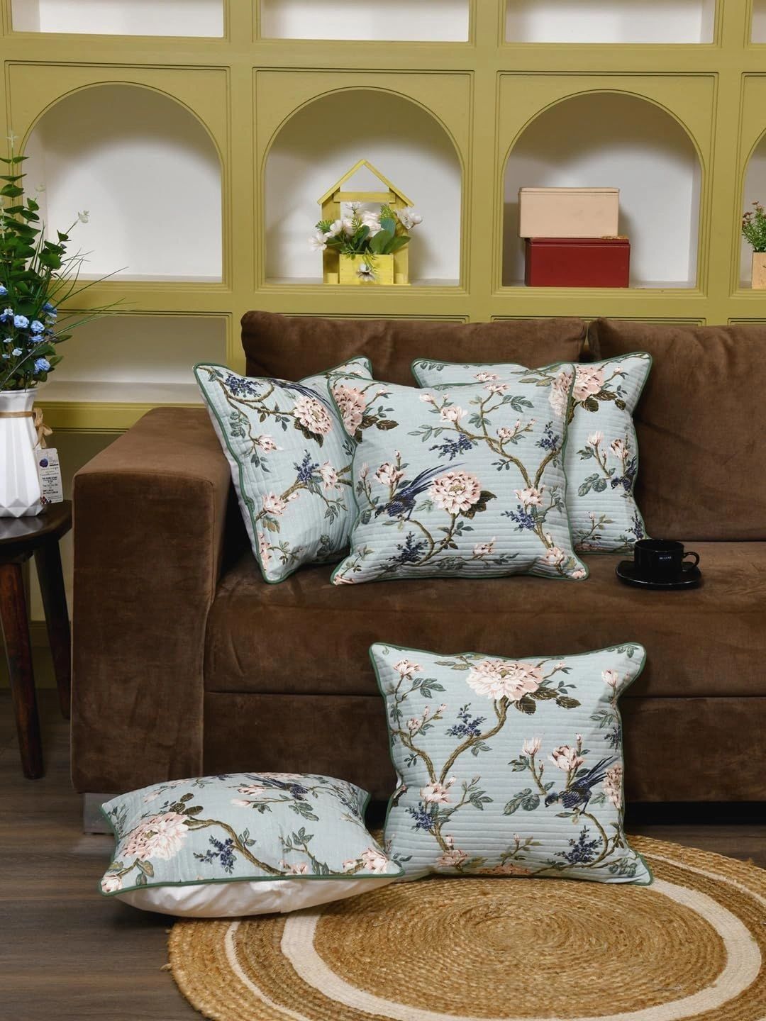 Myntra Elegant Homes Blue Set of 5 Floral Square Cushion Covers-image-21