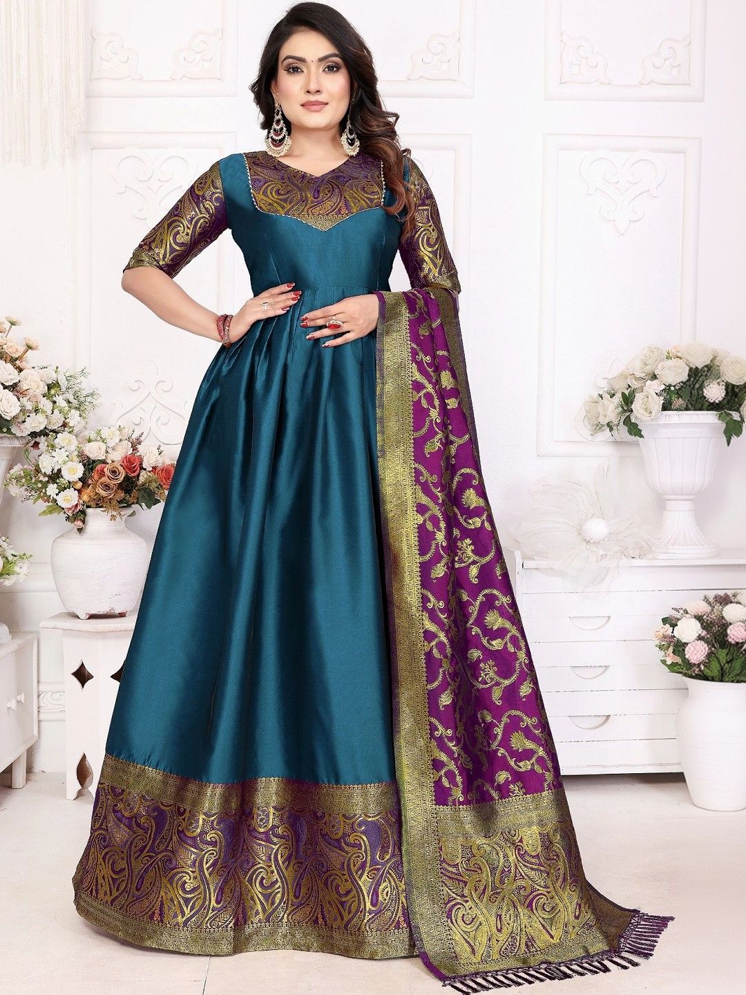 Kinjhit Fashion Woven Design V-Neck Gown Ethnic Dresses With Dupatta-picture-17