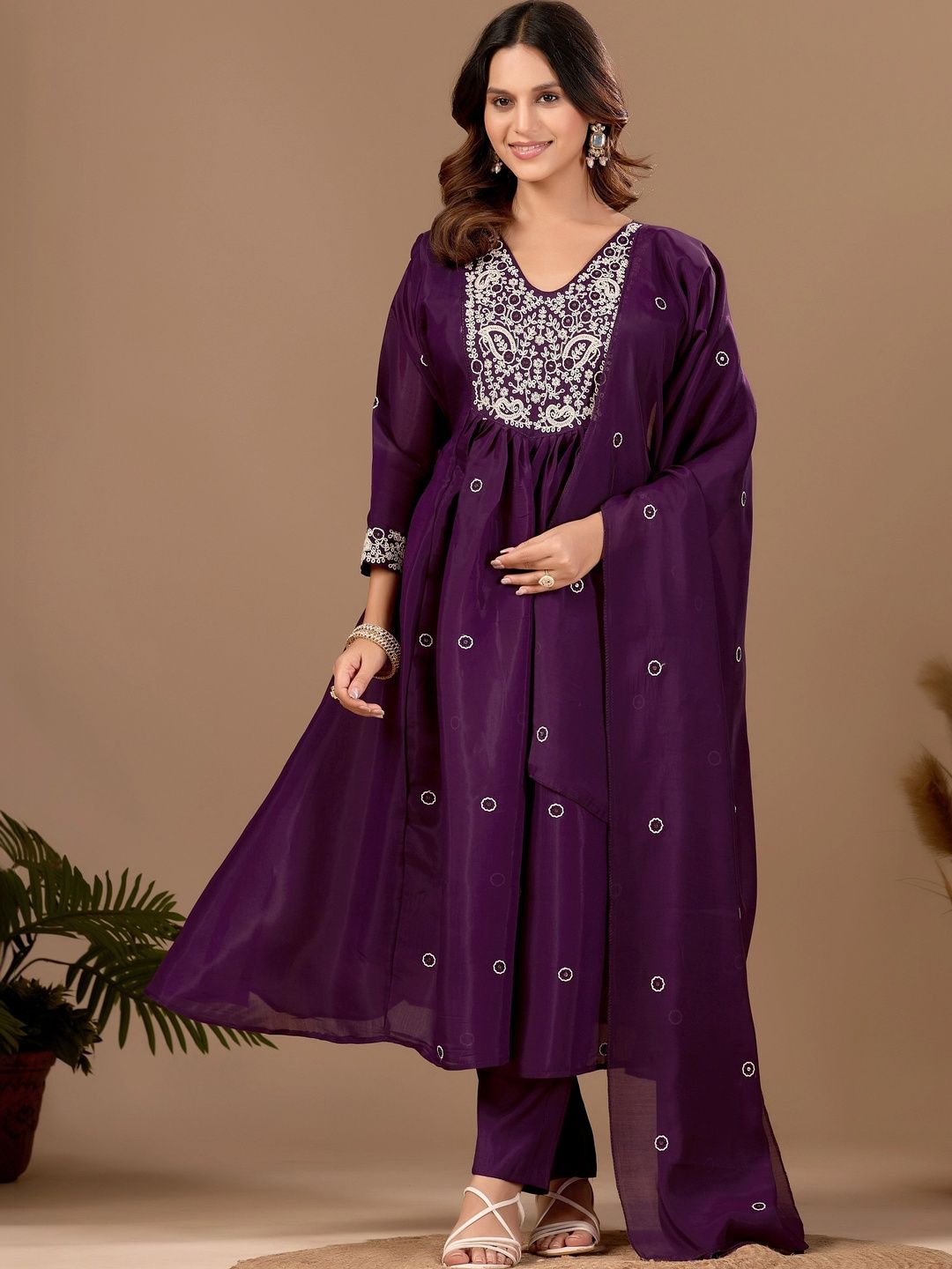 MANVAA Women Ethnic Motifs Embroidered Empire Thread Work Chanderi Cotton Kurta with Trousers & With Dupatta-picture-16