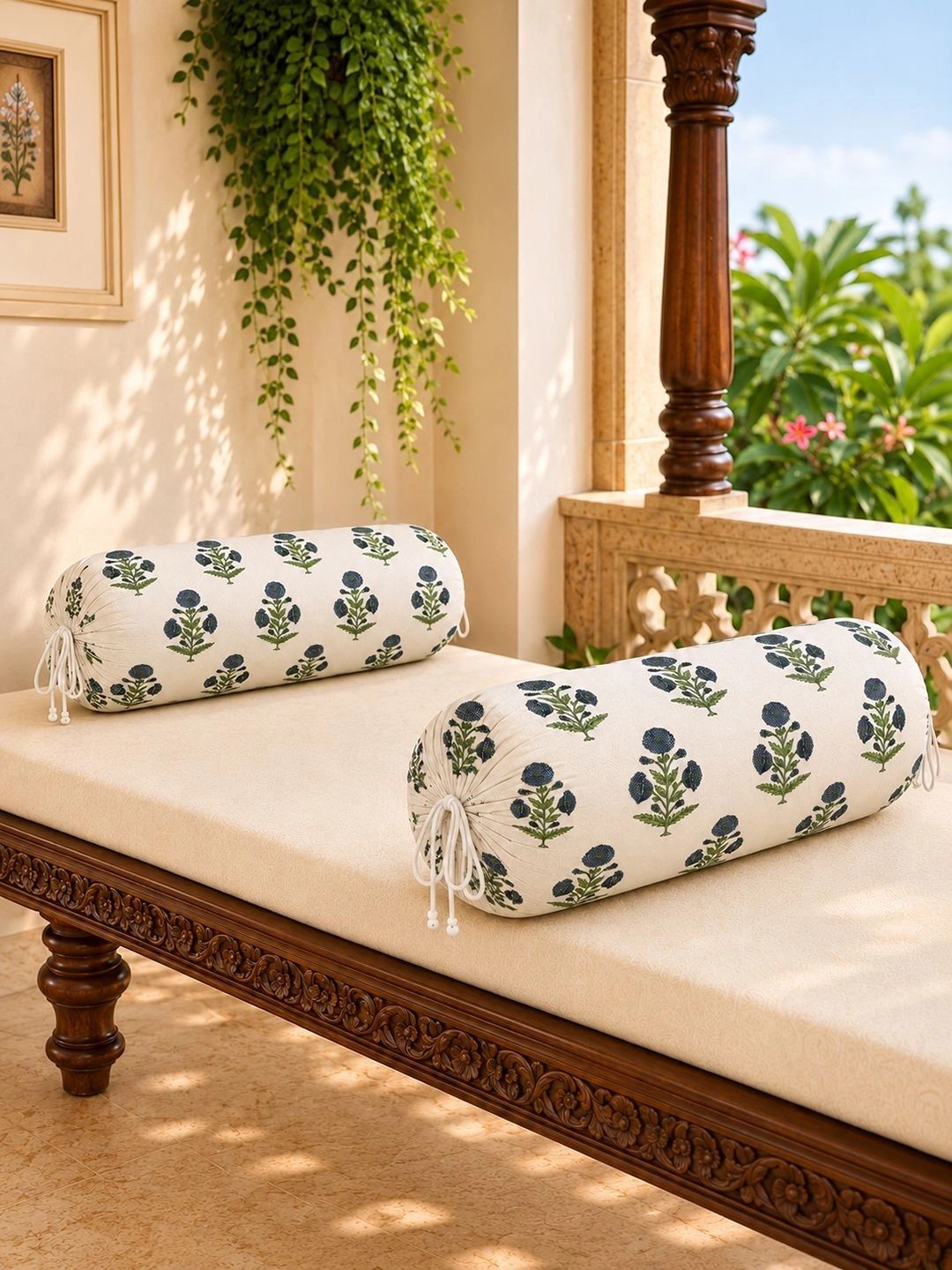 Myntra Elegant Homes 2-Pcs White & Navy Blue Printed Pure Cotton Bolster Covers-picture-32