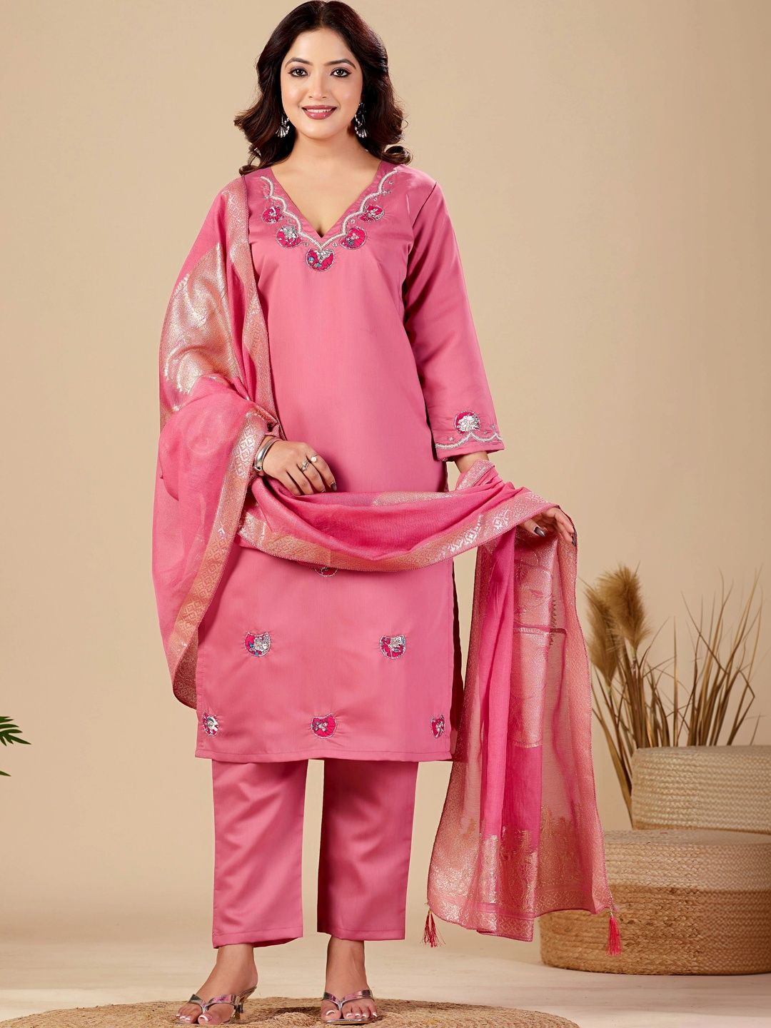 MANVAA Women Ethnic Motifs Embroidered Regular Thread Work Kurta with Trousers & With Dupatta-picture-39