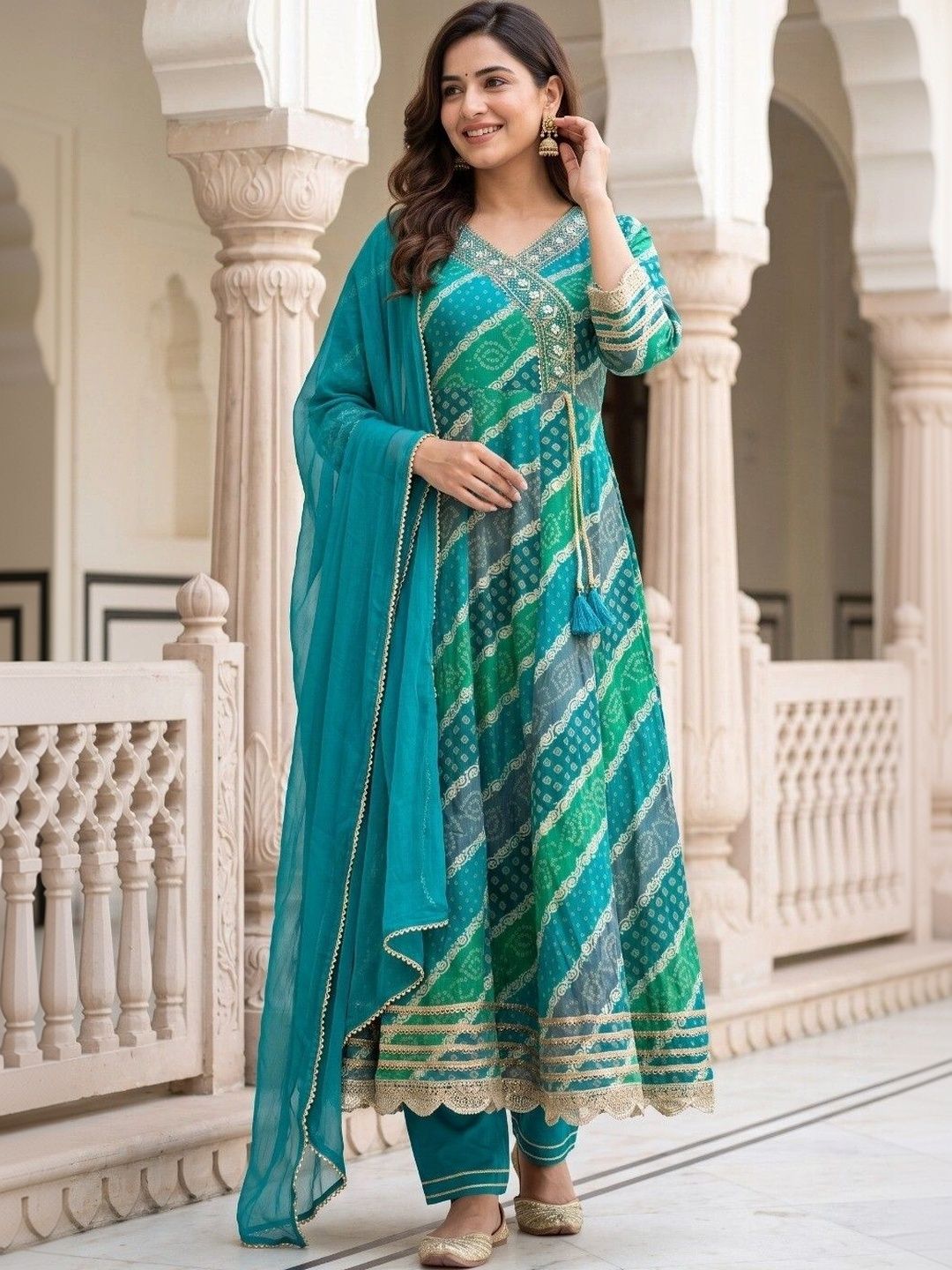 HERE&NOW Women Leheriya Printed Angrakha Mirror Work Kurta with Trousers & With Dupatta-picture-18