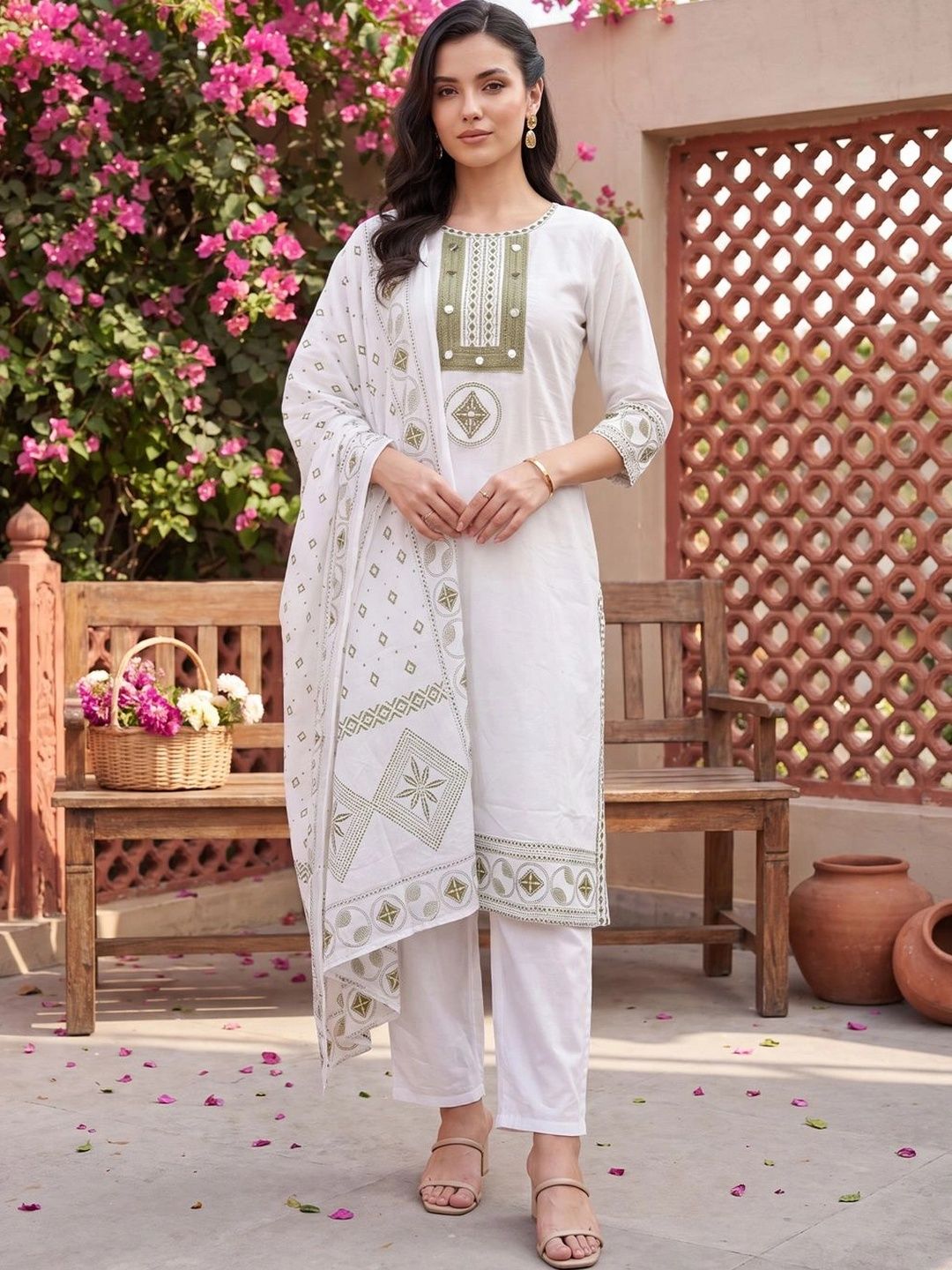 Indo Era Women Ethnic Motifs Embroidered Regular Thread Work Pure Cotton Kurta with Trousers & With Dupatta-picture-37