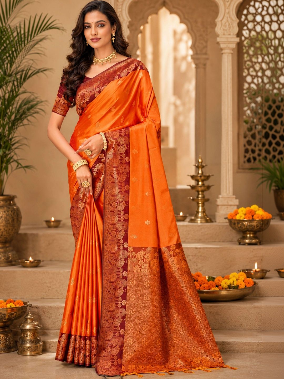 SANGAM PRINTS Woven Design Zari Silk Blend Tussar Saree-picture-2
