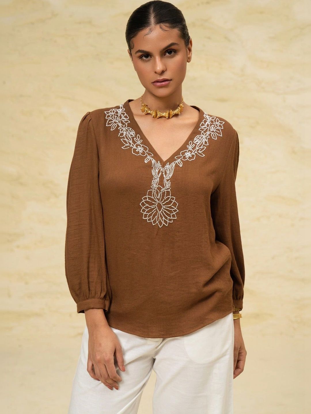 SHECZZAR Floral Embroidered Linen Top-picture-46