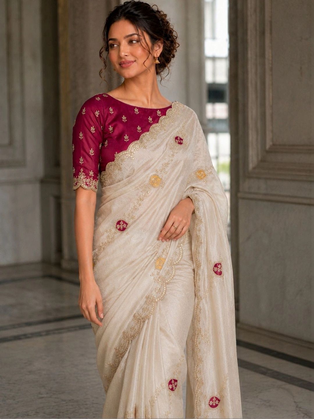 Anouk Floral Zari Satin Saree-image-42