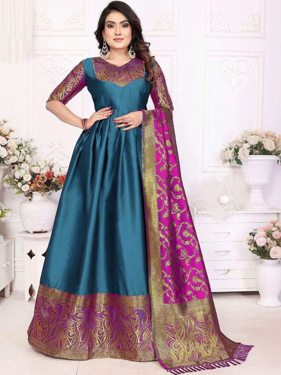 Kinjhit Fashion Woven Design V-Neck Gown Ethnic Dresses With Dupatta-picture-41