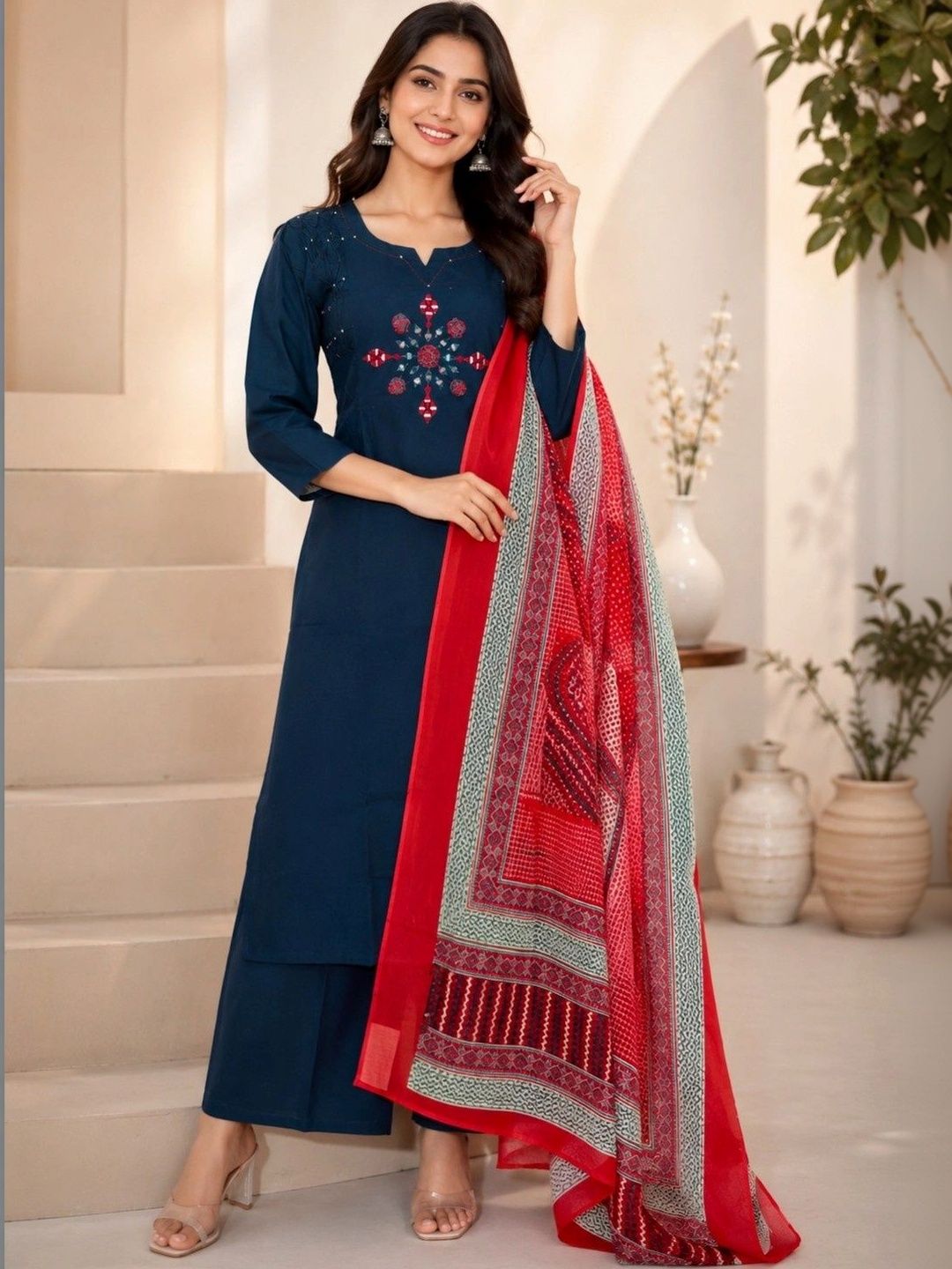 ESHMYRA Women Ethnic Motifs Embroidered Regular Thread Work Pure Cotton Kurta with Palazzos & With Dupatta-image-39