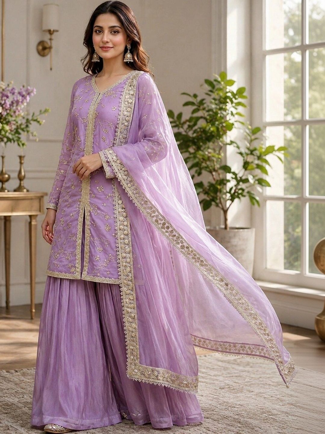 SWORNY FASHION Women Embroidered Regular Thread Work Kurta with Sharara & With Dupatta-image-17