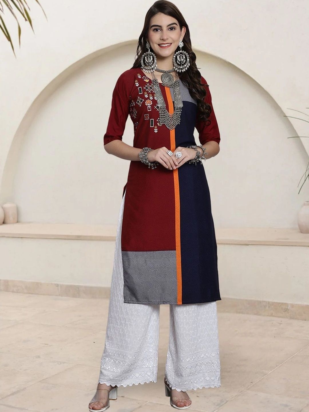 HERE&NOW Women Colourblocked Crepe Kurta-picture-28