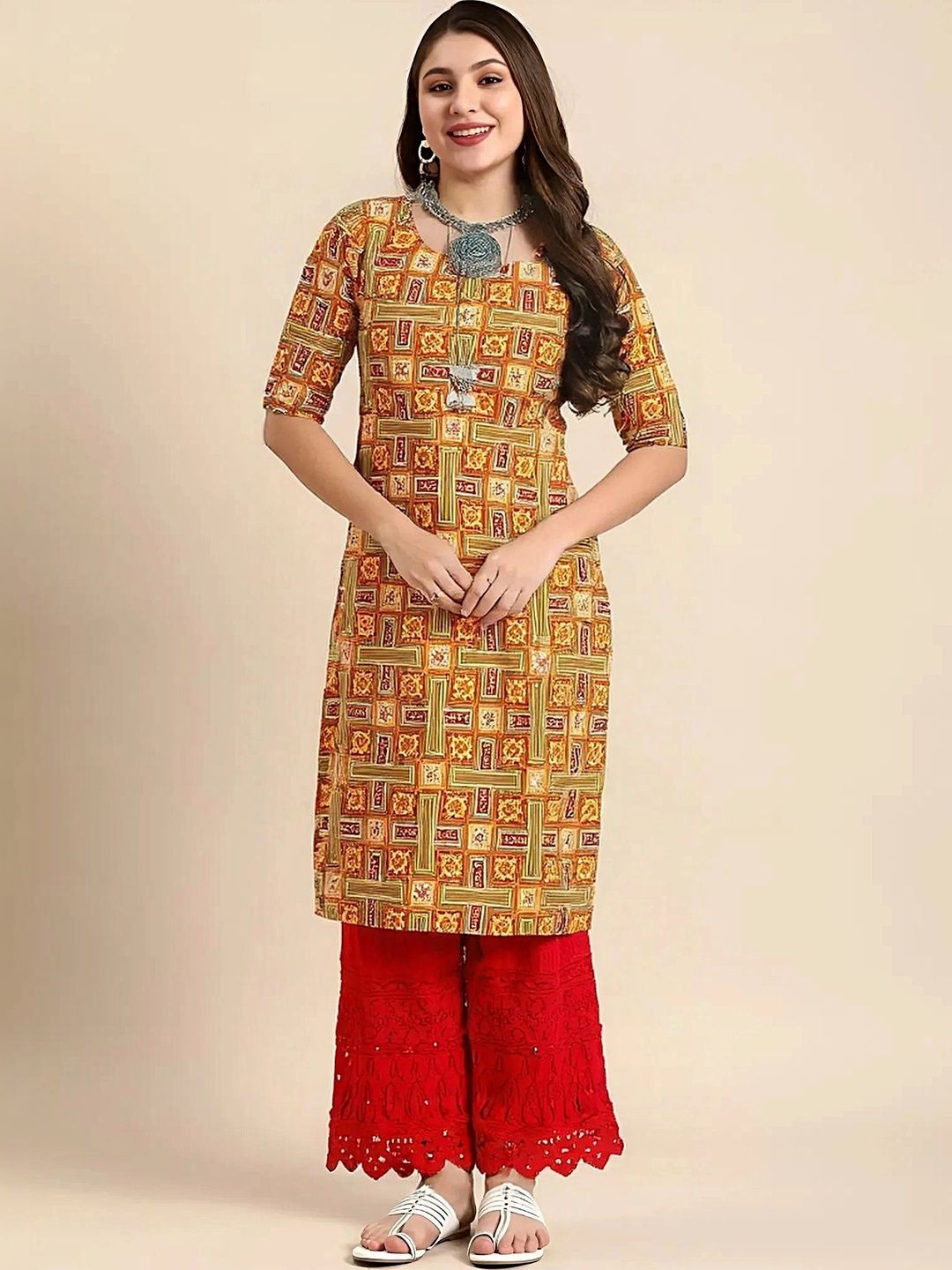 HERE&NOW Women Geometric Printed Indie Prints Crepe Kurta-picture-22
