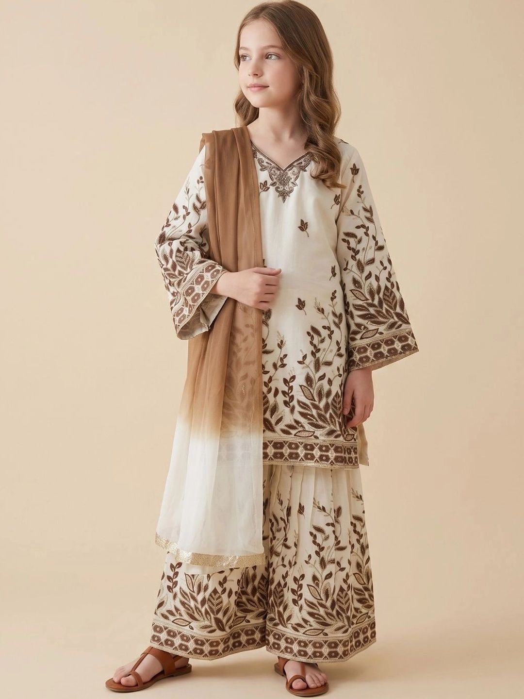 HOUSE OF IQF Girls Ethnic Motifs Embroidered Regular Thread Work Pure Cotton Kurta with Sharara & With-picture-33