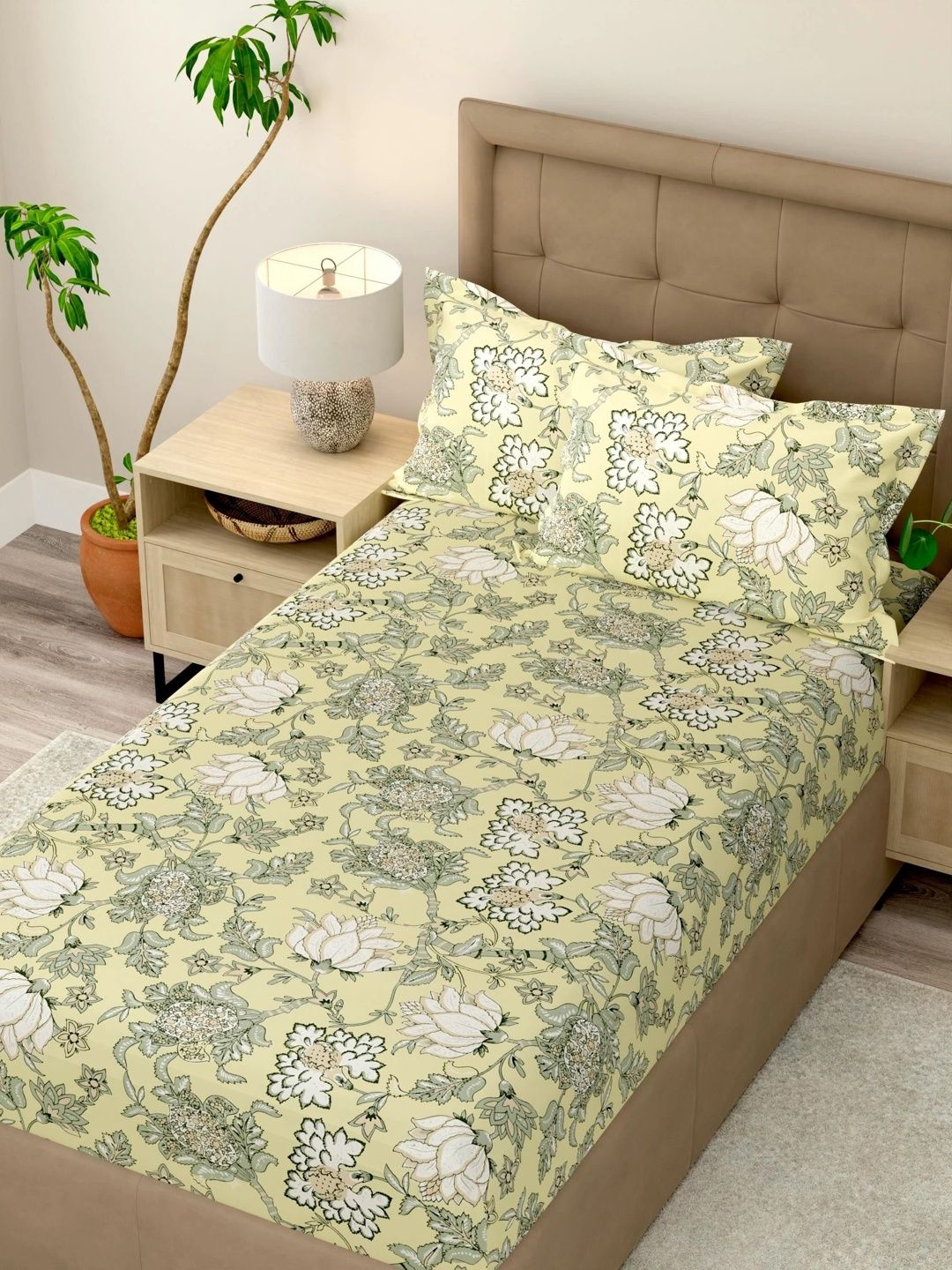 Pure Decor Yellow & Green Floral 180 TC Single Bedsheet with 2 Pillow Covers-image-17