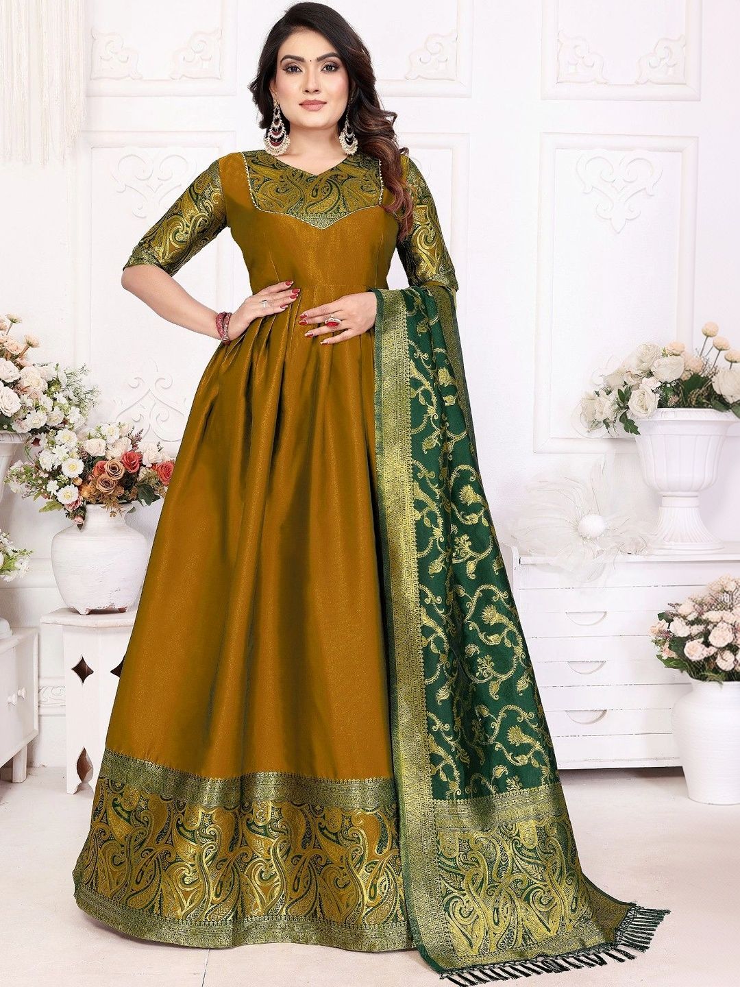 Kinjhit Fashion Woven Design V-Neck Gown Ethnic Dresses With Dupatta-picture-56