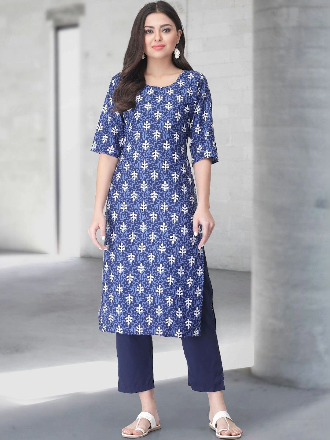 HERE&NOW Women Pack of 3 Ethnic Motifs Printed Crepe Kurtas-image-20