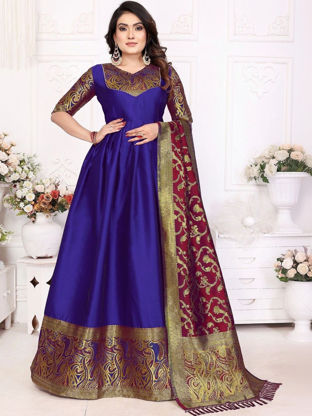 Kinjhit Fashion Woven Design V-Neck Gown Ethnic Dresses With Dupatta-image-15