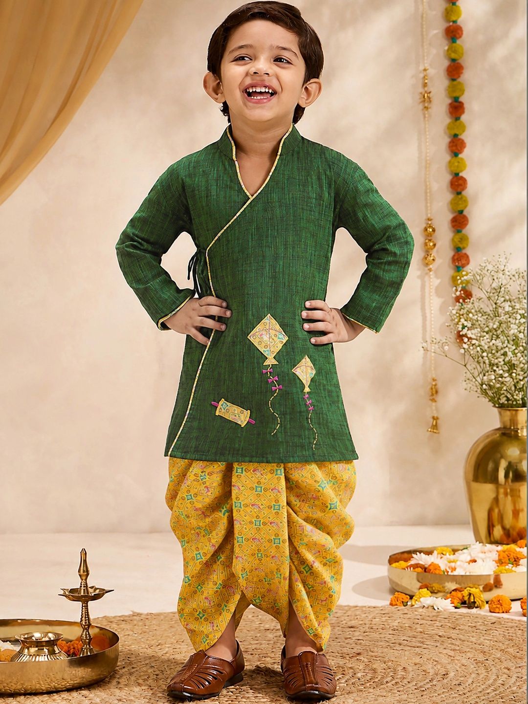 VASTRAMAY Boys Embroidered Angrakha Thread Work Pure Cotton Kurta with Dhoti Pants-image-37