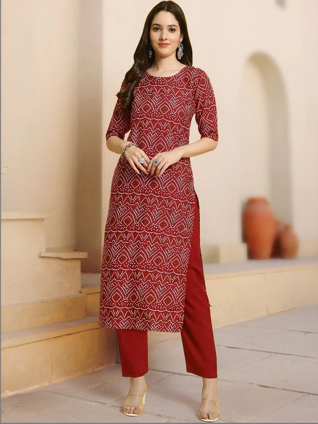 HERE&NOW Women Pack of 3 Ethnic Motifs Printed Crepe Kurtas-picture-23