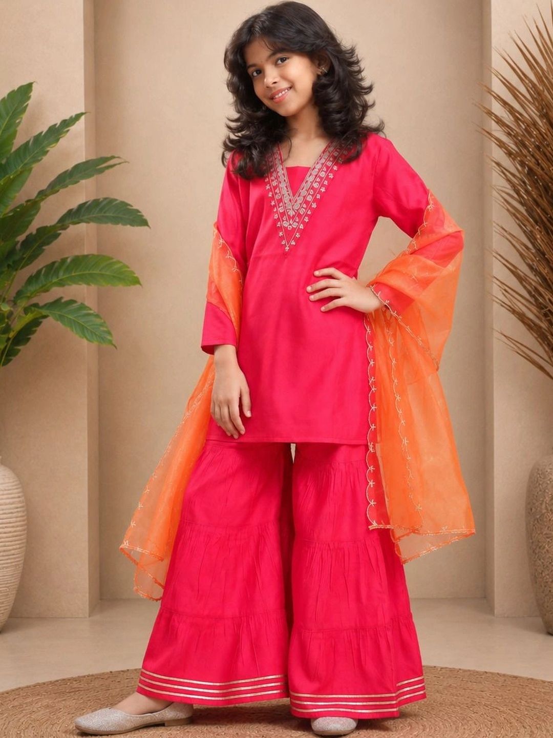 KALINI Girls Ethnic Motifs Embroidered Regular Thread Work Pure Silk Kurta with Sharara & With Dupatta-picture-35