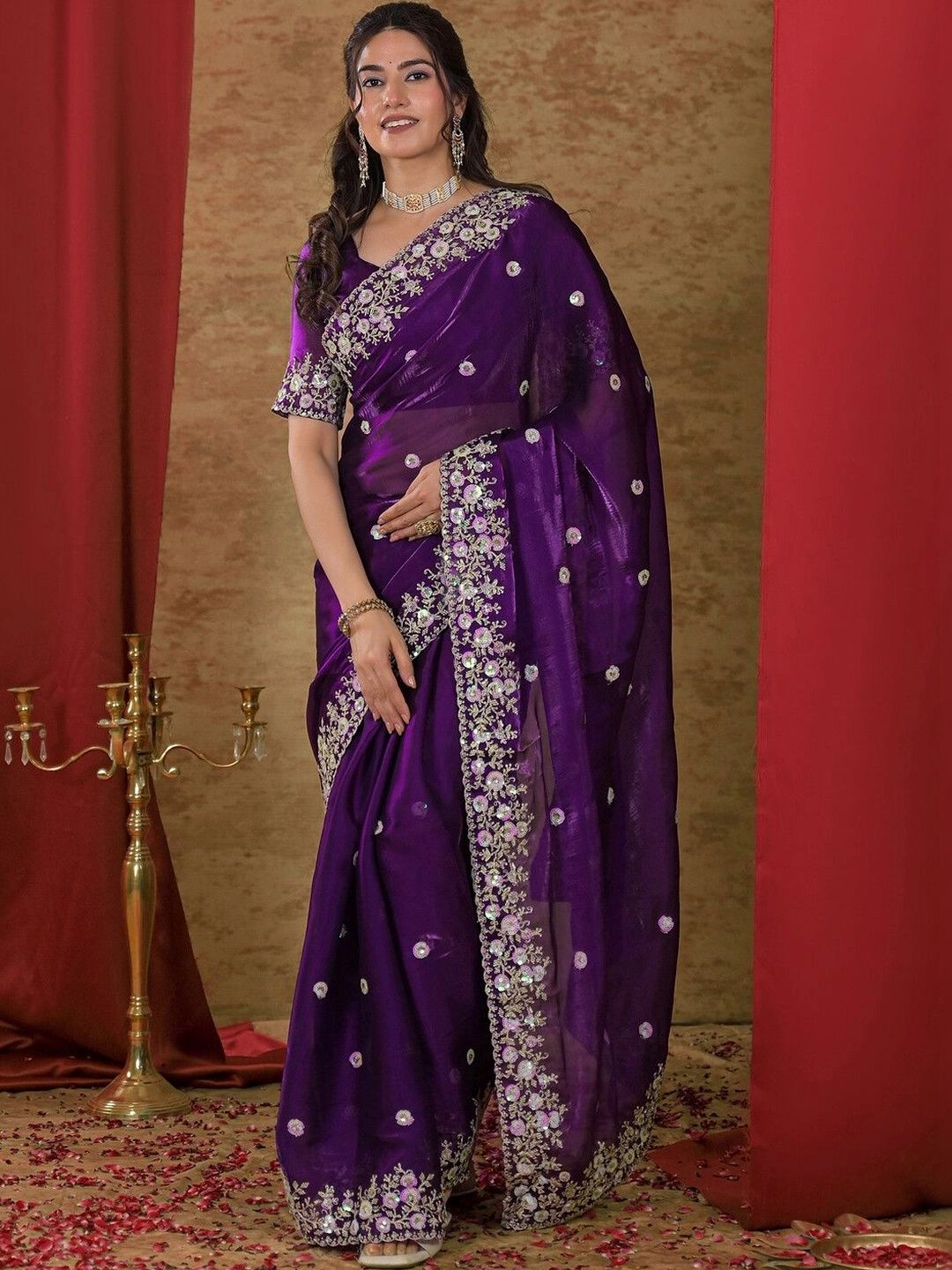 SAARA Embellished Sequinned Tissue Saree-image-40