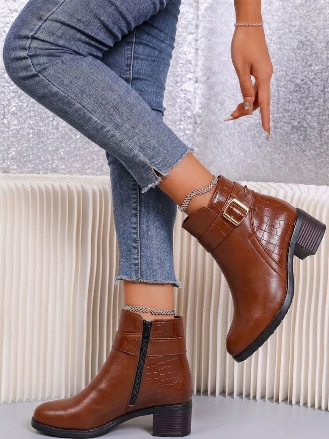 The Roadster Lifestyle Co Women Textured Round Toe Zip Regular Boots-picture-31