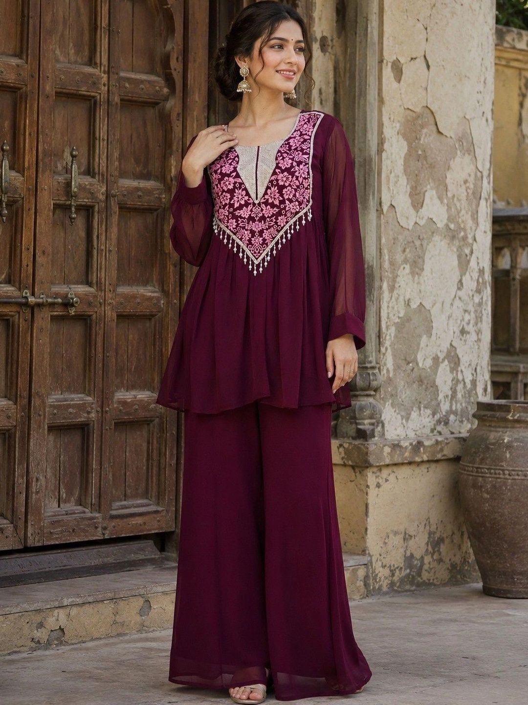 NORIVA Women Floral Embroidered Empire Thread Work Kurti with Palazzos-image-45