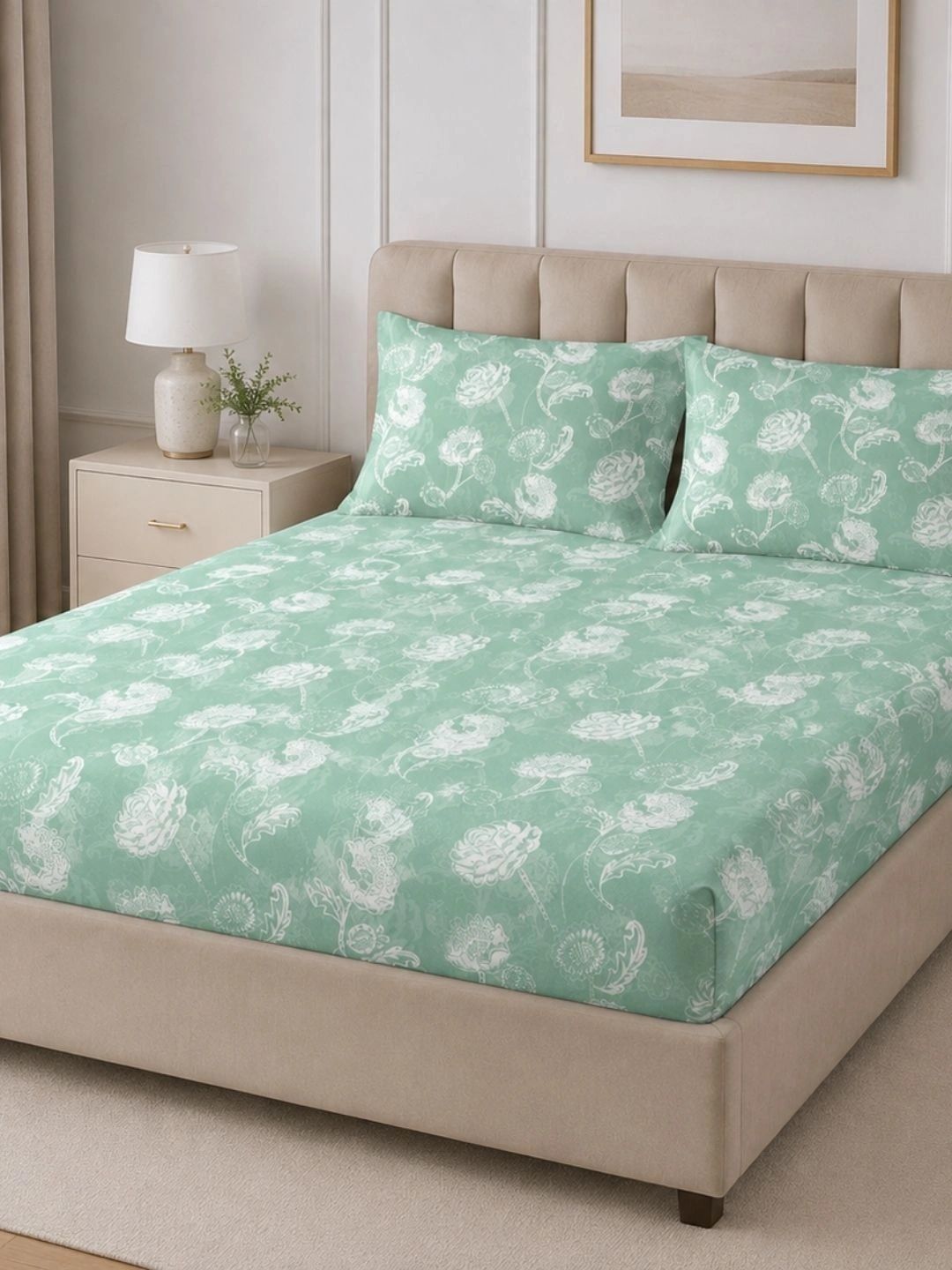 Sleeping Owls- because your sleep matters Green & White Floral 220 TC King Bedsheet with 2 Pillow Covers-image-45