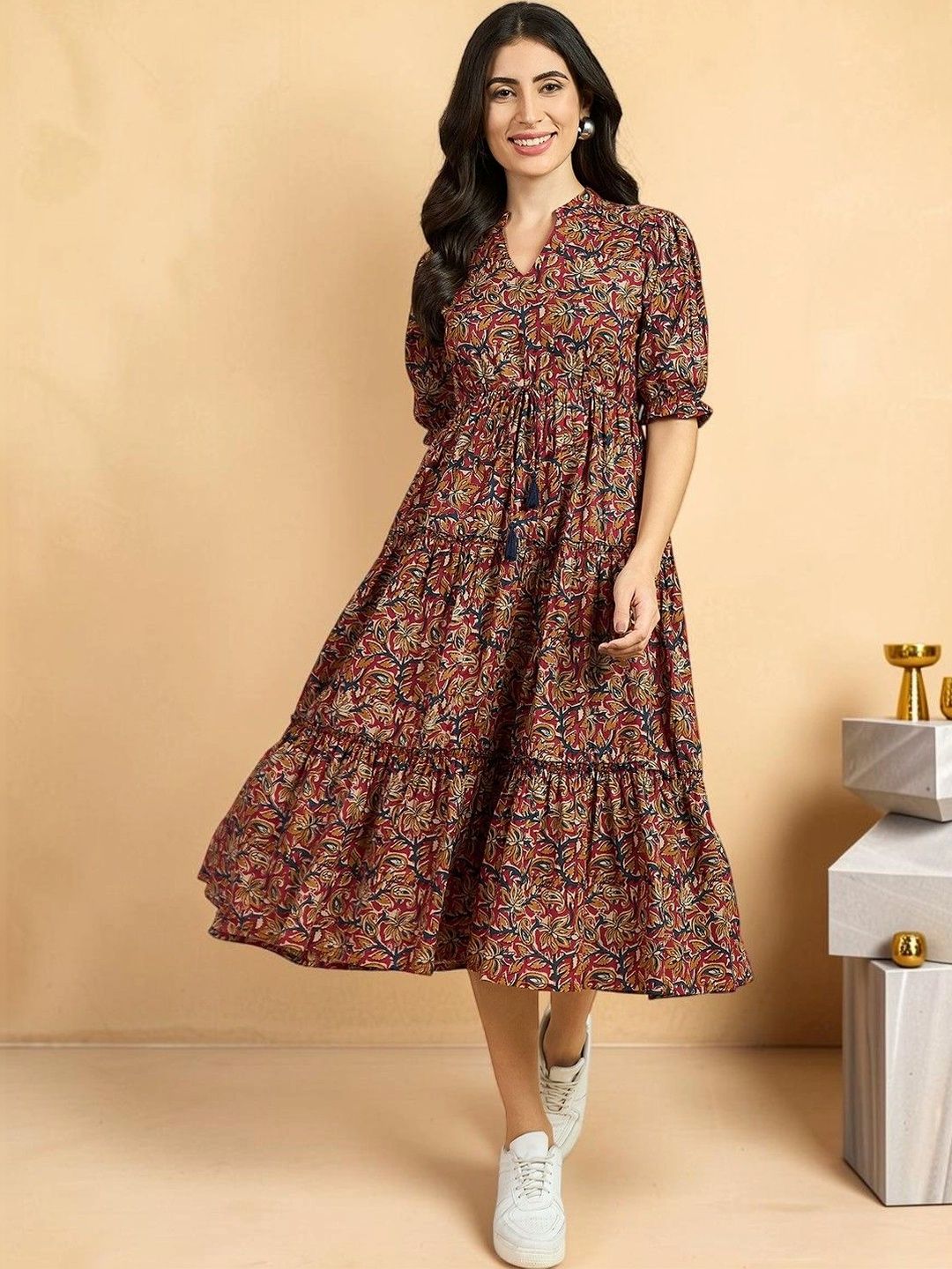 Azira Printed Pure Cotton Tiered Fit & Flare Midi Dress-picture-24