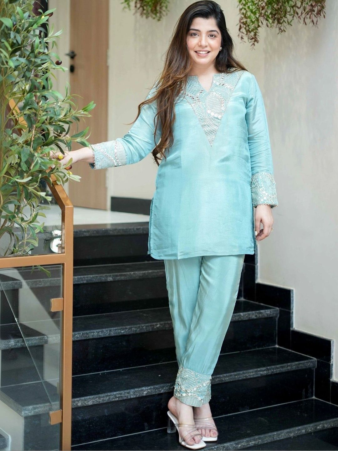 Tankori Women Ethnic Motifs Embroidered Regular Mirror Work Kurta with Trousers-image-49