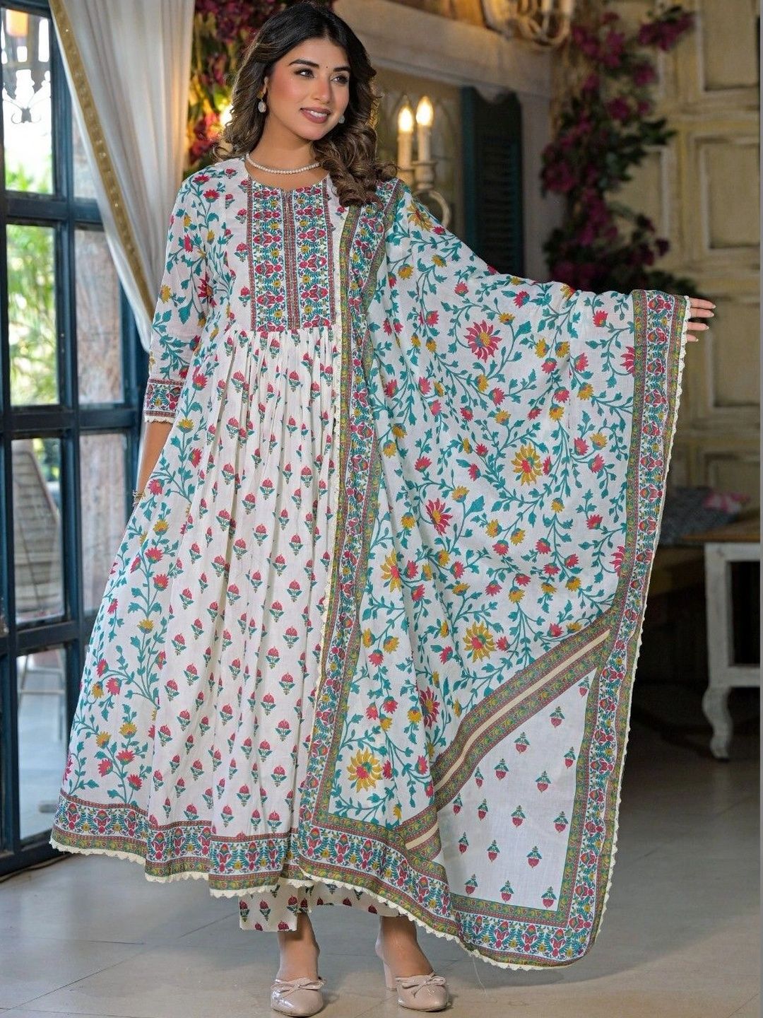 FAB STREET Women Floral Printed Empire Pure Cotton Kurta with Trousers & With Dupatta-picture-58