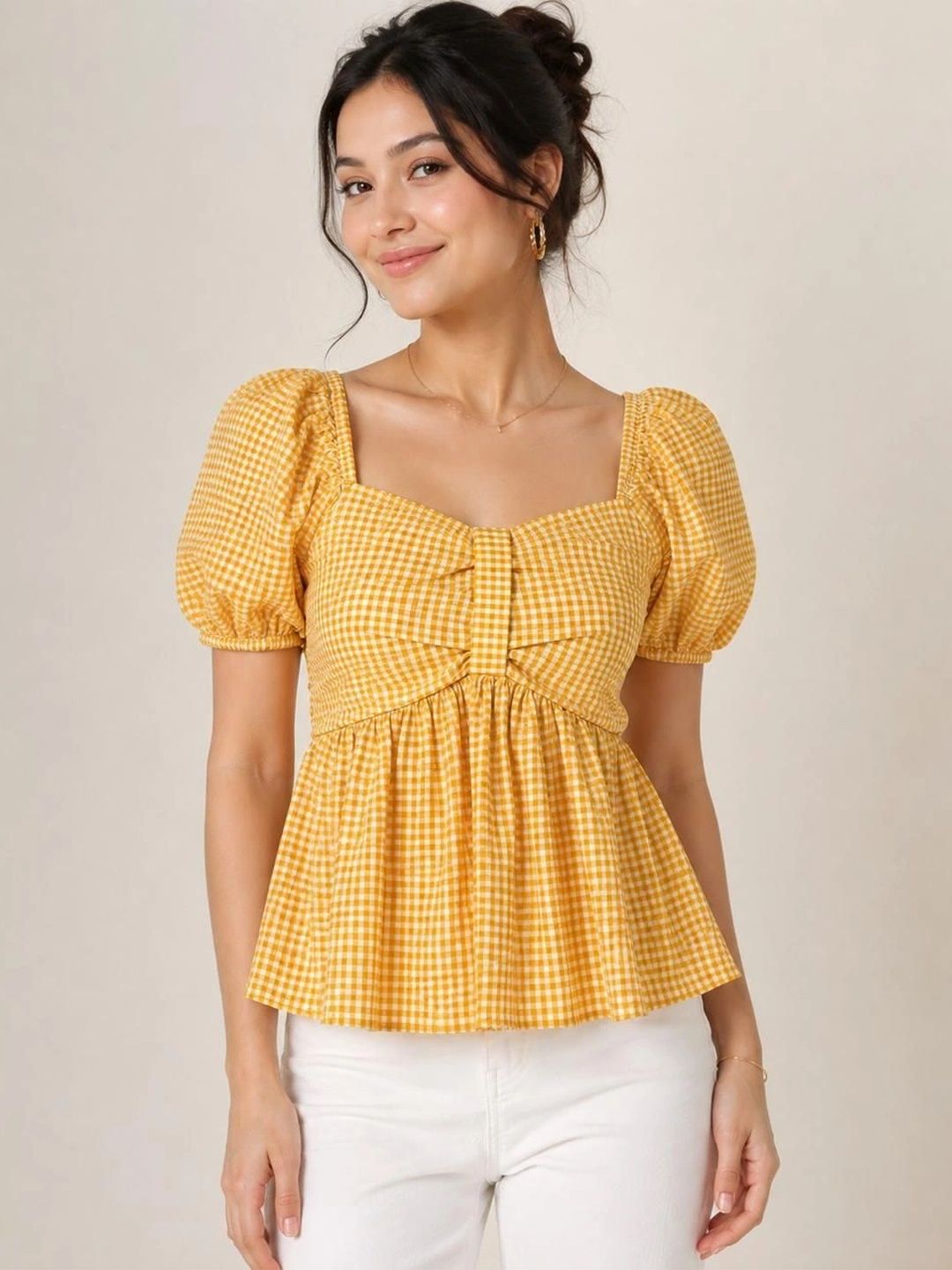 Just Fab Checked Puff Sleeve Smocked Peplum Top-picture-56