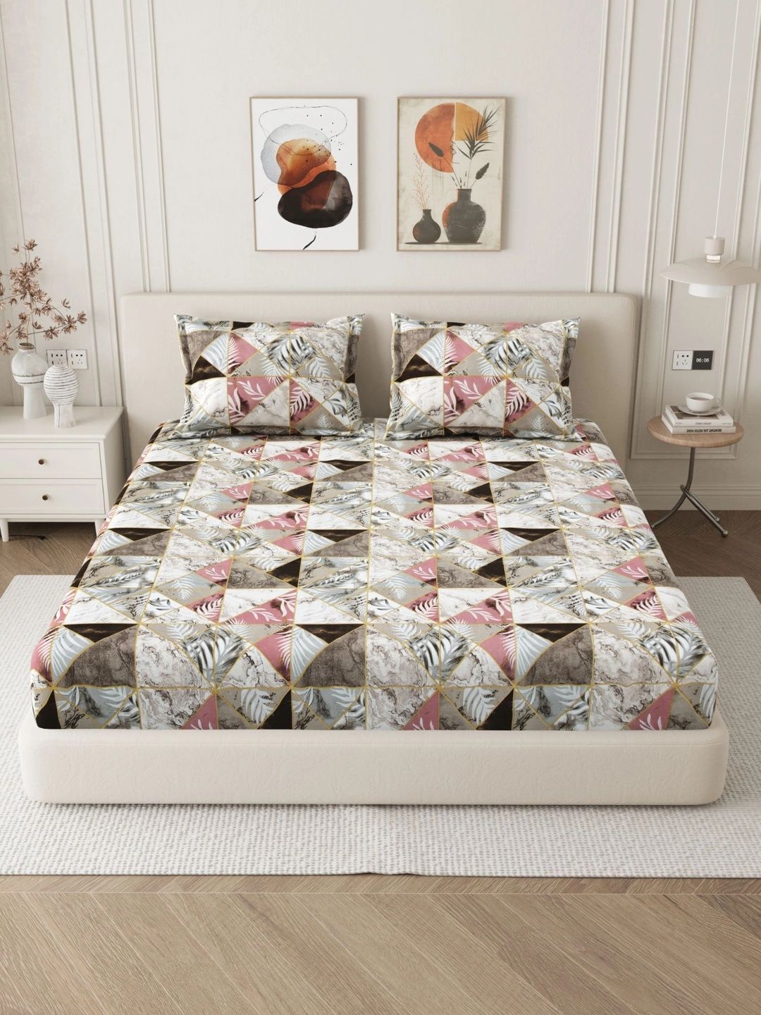 Homeful Style Brown & Pink Floral 160 TC Queen Bedsheet with 2 Pillow Covers-image-27