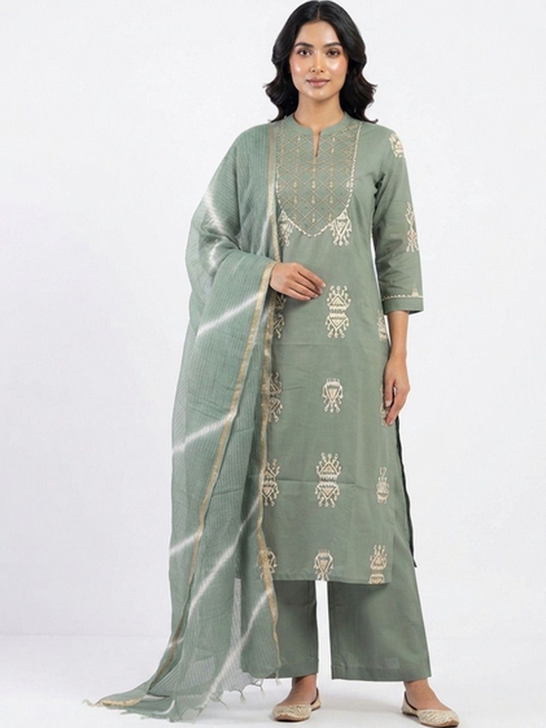 KALINI Women Embroidered Regular Sequinned Pure Cotton Kurta with Palazzos & With Dupatta-image-41