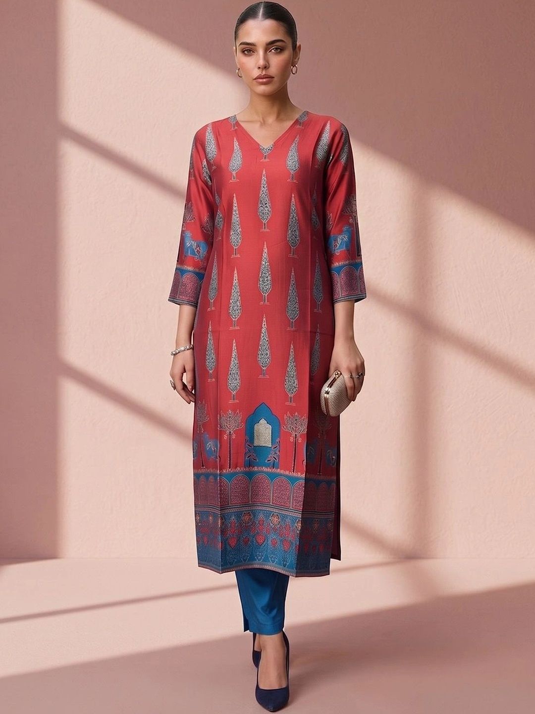 Anouk Women Ethnic Motifs Printed Regular Chanderi Silk Kurta with Trousers-picture-34