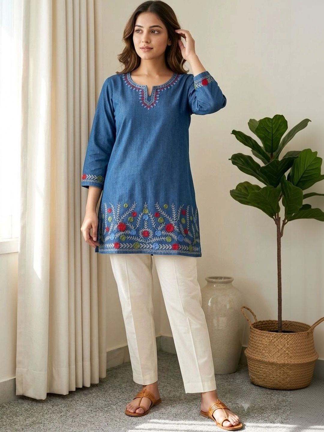 MHIZHA Floral Embroidered Ethnic Denim Top-picture-28