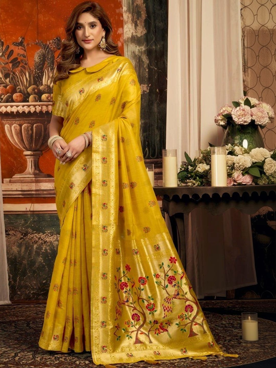 GREEN PEARS Ethnic Motifs Silk Blend Designer Kanjeevaram Saree-image-19
