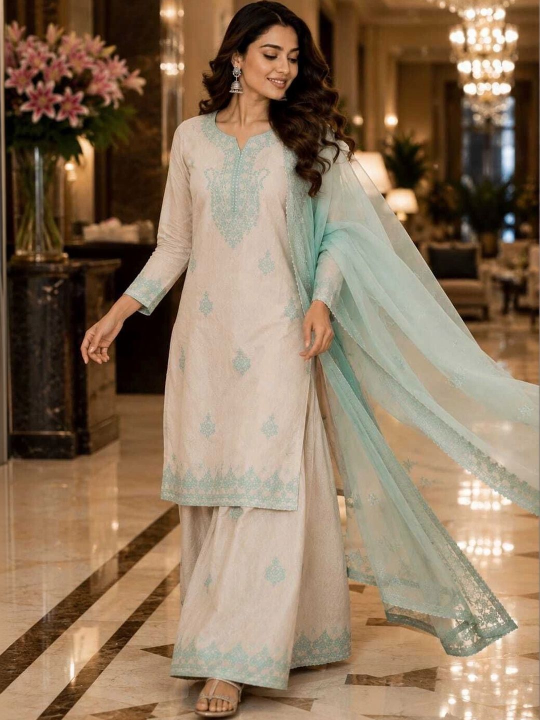 Apexaura Ethnic Motifs Embroidered Georgette A-Line Maxi Dress-image-3