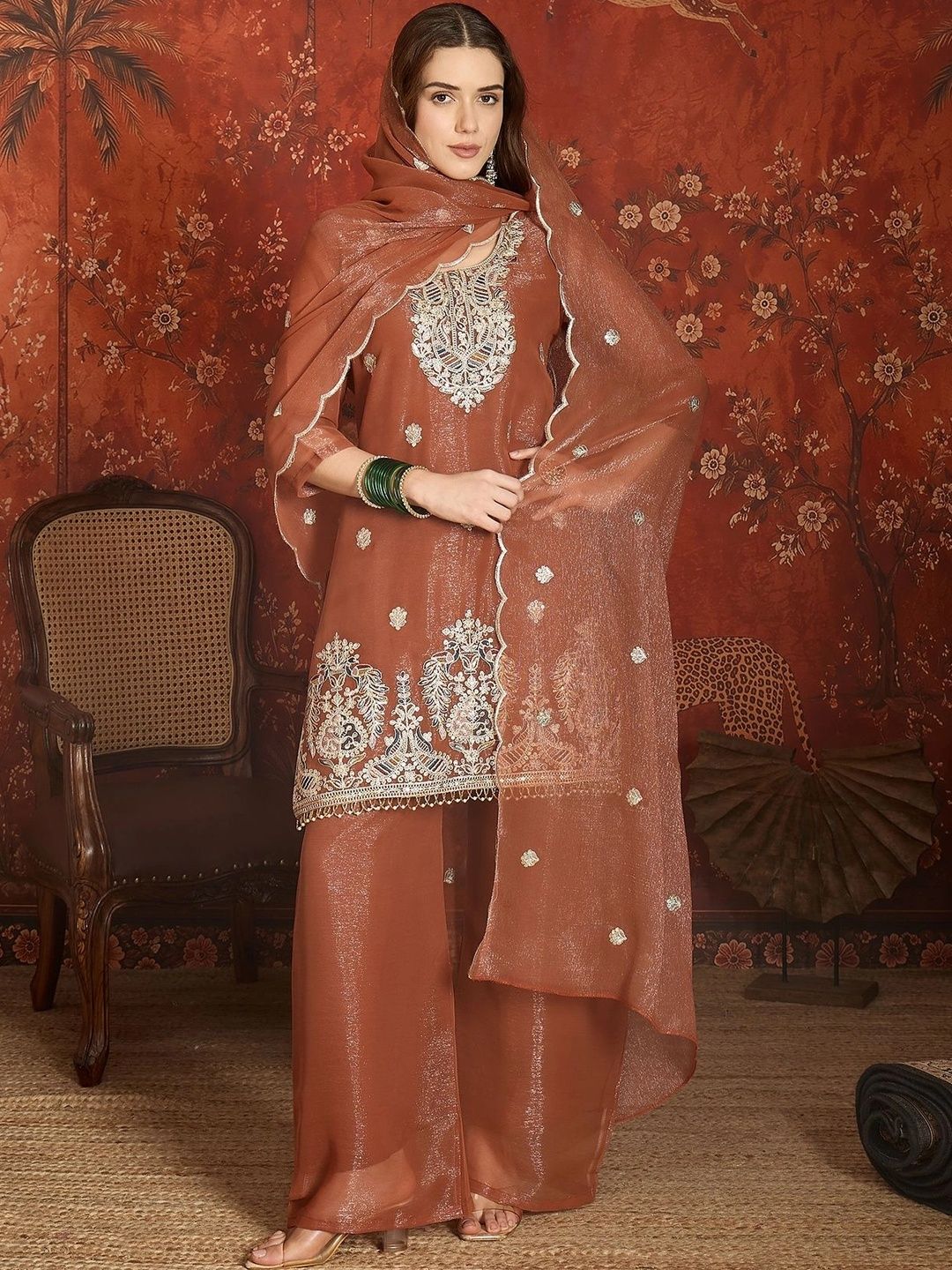 HERE&NOW Women Ethnic Motifs Embroidered Regular Thread Work Kurta with Palazzos & With Dupatta-picture-32