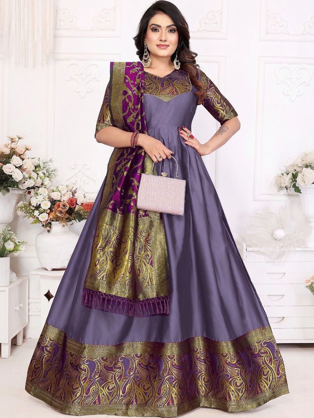 Kinjhit Fashion Woven Design Jacquard Ethnic Gown with Dupatta-picture-36