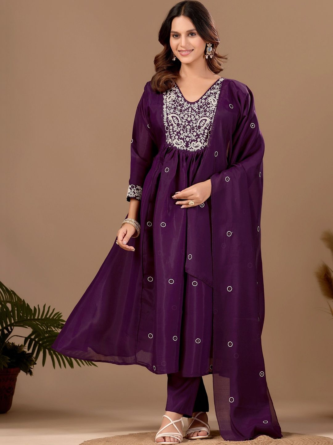 MANVAA Women Ethnic Motifs Embroidered Empire Thread Work Chanderi Cotton Kurta with Trousers & With Dupatta-picture-30