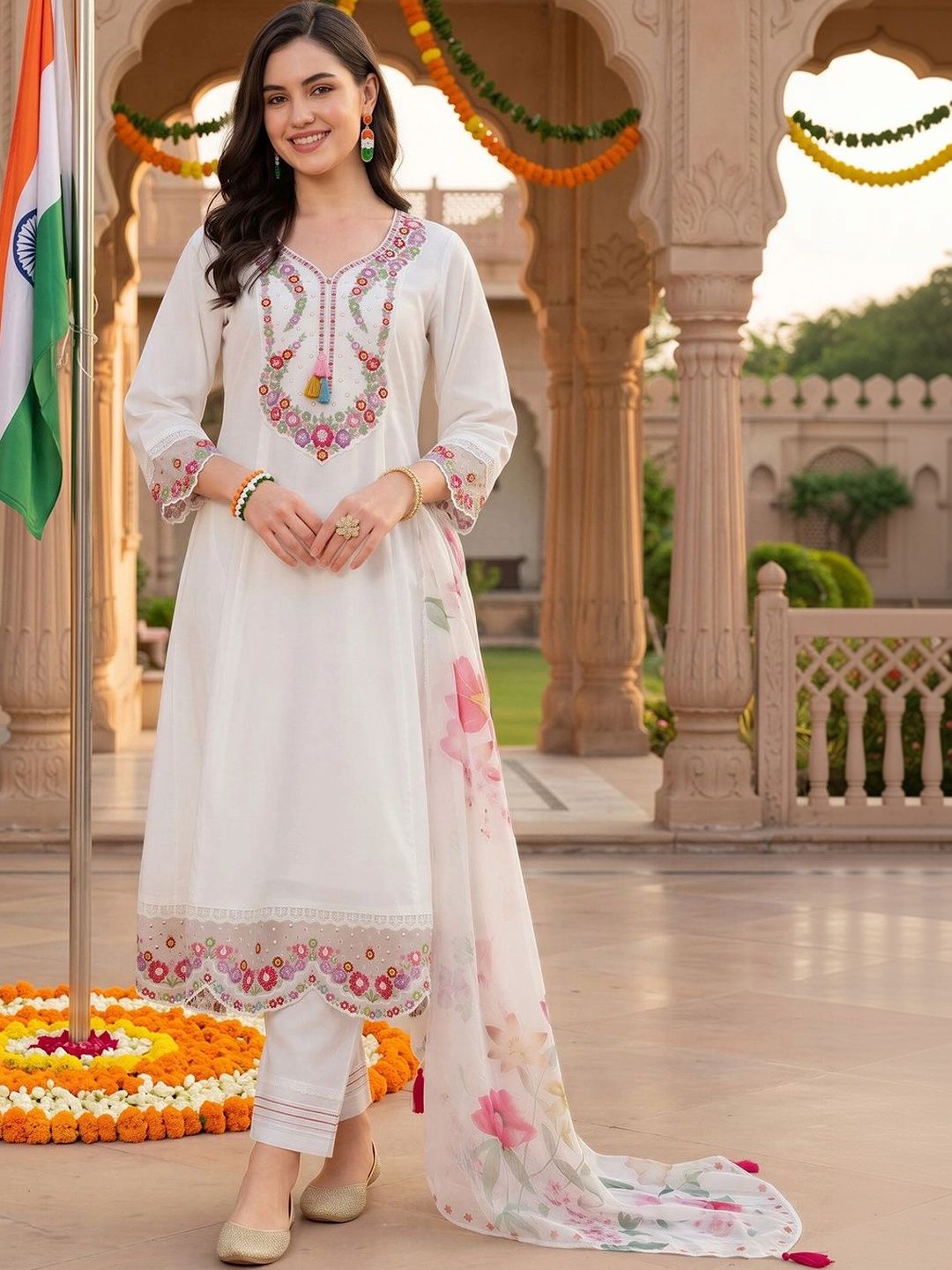 Indo Era Women Floral Embroidered Regular Thread Work Kurta with Trousers & With Dupatta-picture-19