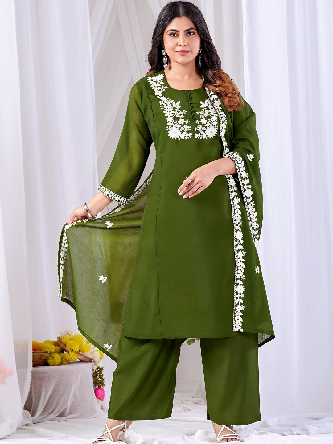MANVAA Women Ethnic Motifs Embroidered Regular Thread Work Kurta with Palazzos & With Dupatta-picture-31