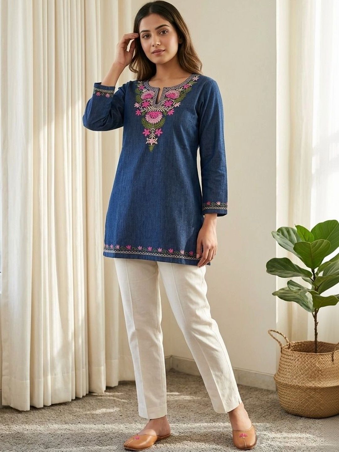 MHIZHA Embroidered Keyhole Neck Indigo Denim Top-picture-55