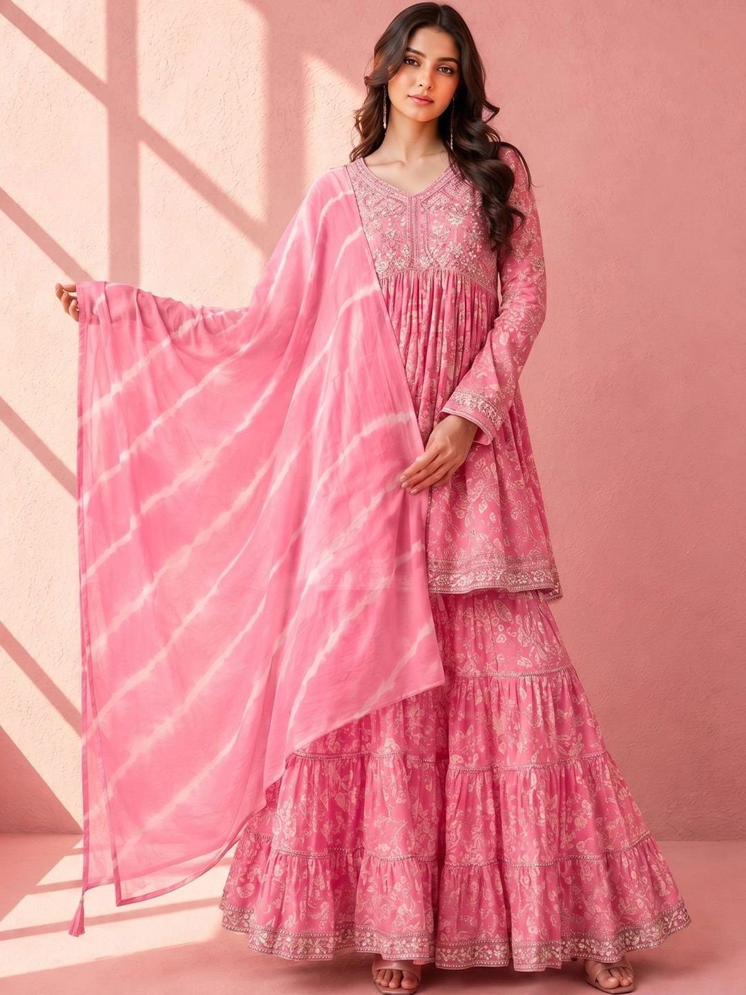 Anouk Women Ethnic Motifs Printed Empire Thread Work Pure Cotton Kurta with Sharara & With Dupatta-image-8