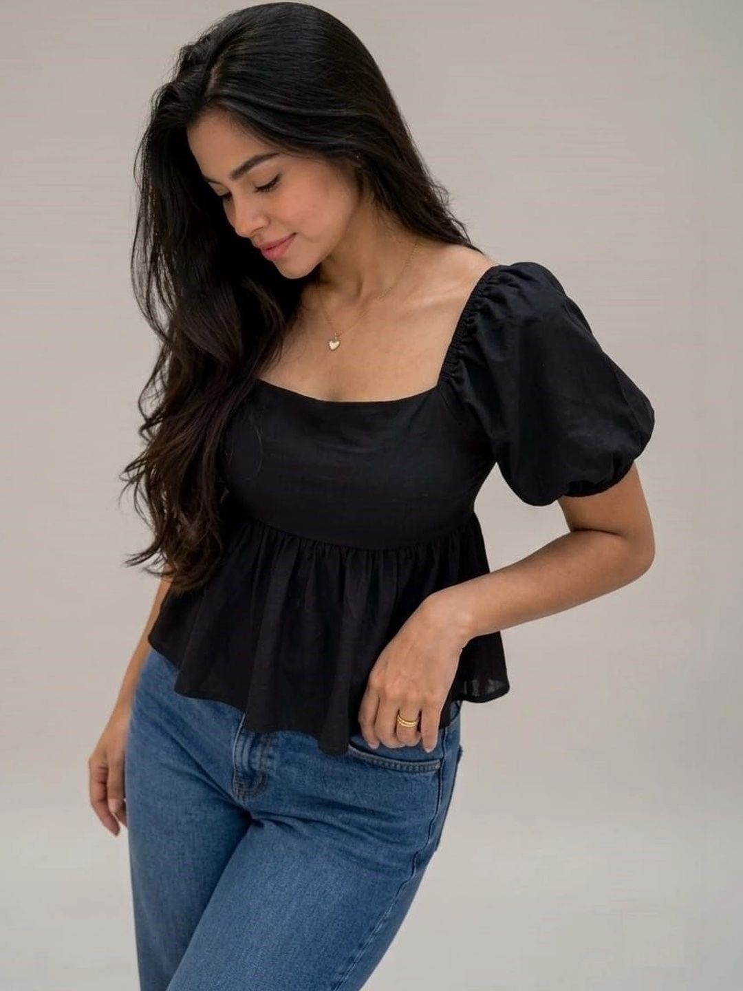 Sajifab Puff Sleeve Smocked Cotton Peplum Top-image-47