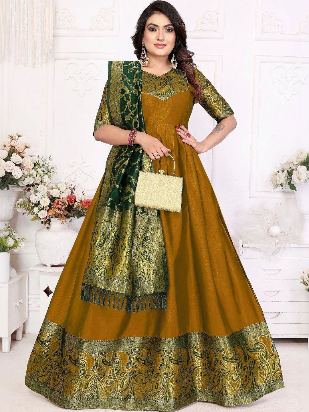 Kinjhit Fashion Woven Design Jacquard Ethnic Gown with Dupatta-picture-7